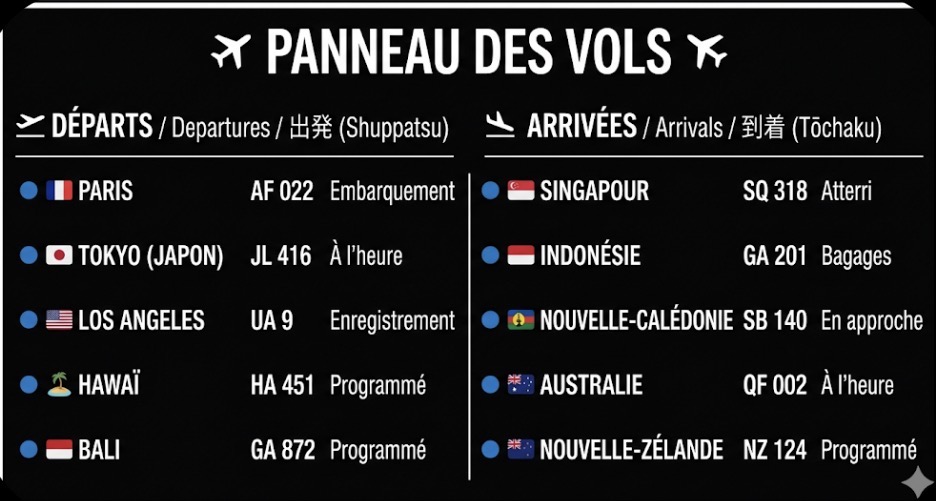 Panneau des Vols REVALUNA — Départs et Arrivées, aéroport en soirée