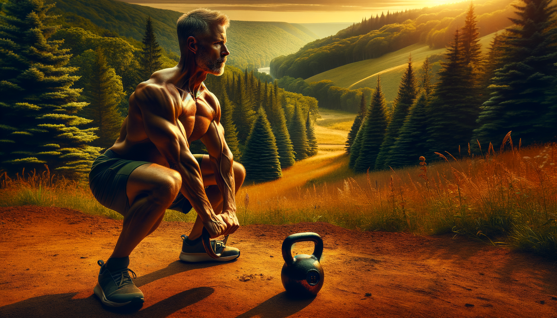 Functional fitness kettlebell training outdoors in Wisconsin golden hour light
