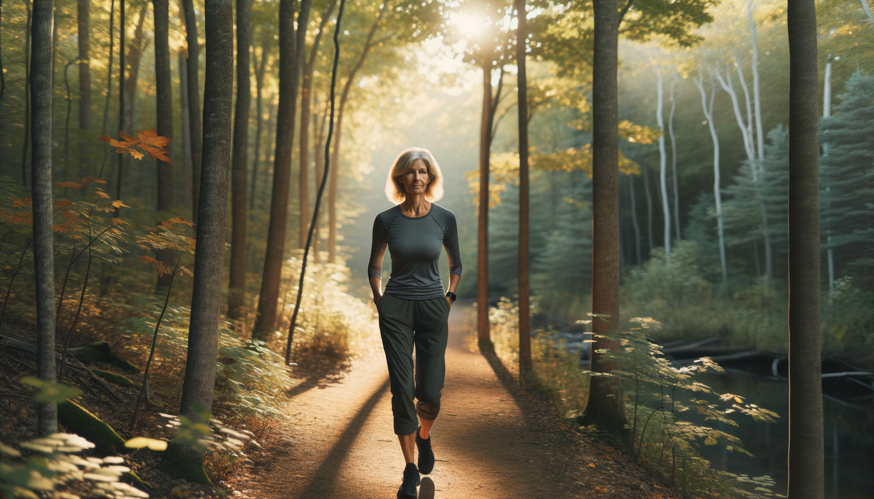 Woman walking peacefully on a wooded Wisconsin trail at dusk