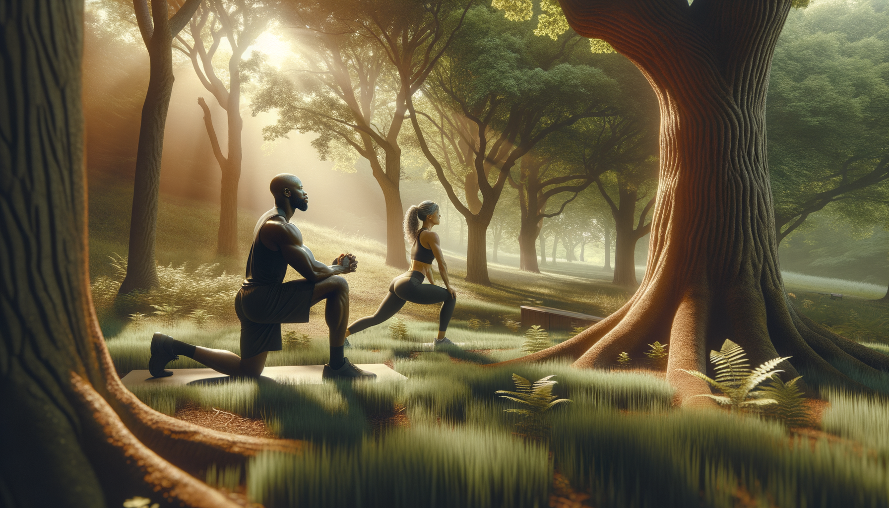 Two people doing outdoor bodyweight training near an oak tree in a green Wisconsin park