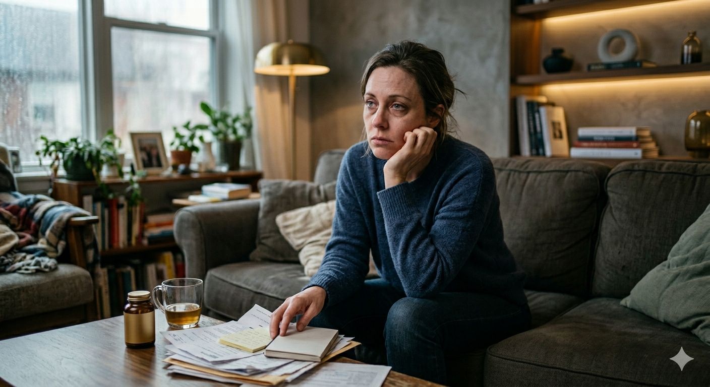 Person staring at a phone, looking tired and unfocused