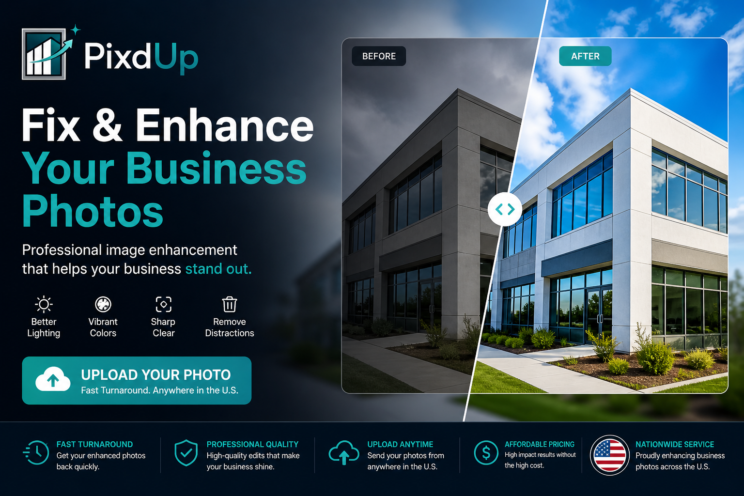 Fix & Enhance Your Business Photos — Pix'd Up. Better Lighting, Vibrant Colors, Sharp Clear Results.