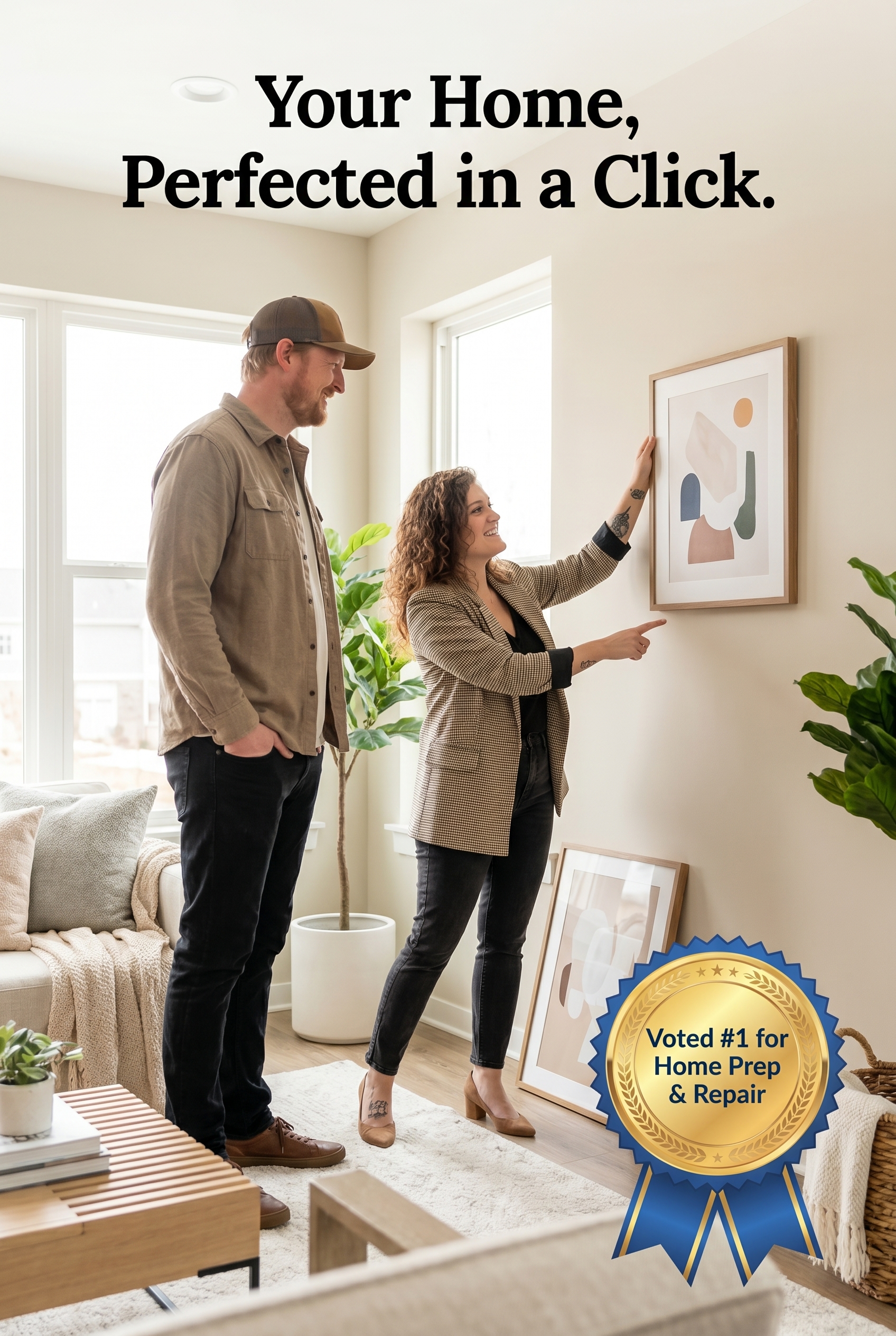 Homeowner and handyman hanging art together
