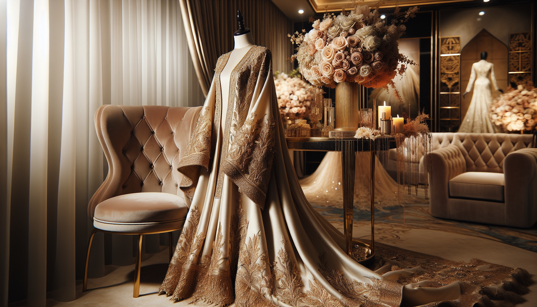 Abaya mariage élégante — robe de cérémonie brodée or pour invitées 2025
