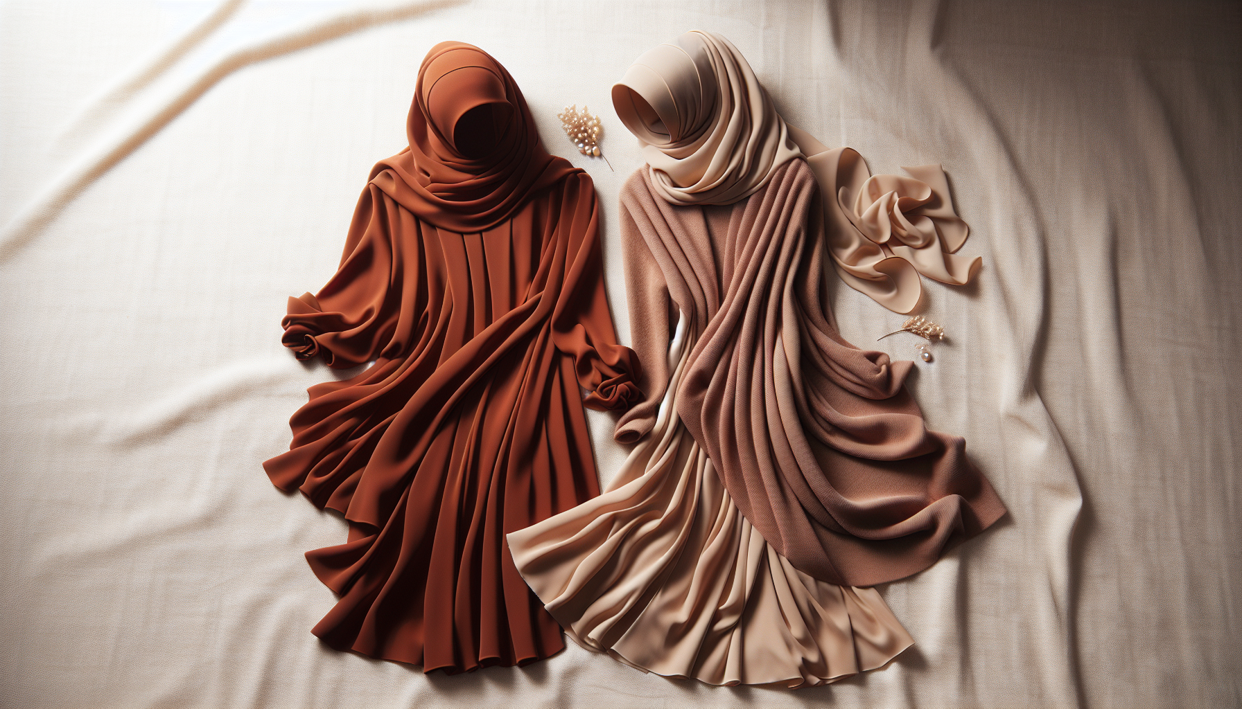 Guide jilbab femme 2025 — sélection de jilbabs en tissu terracotta et camel sur fond crème