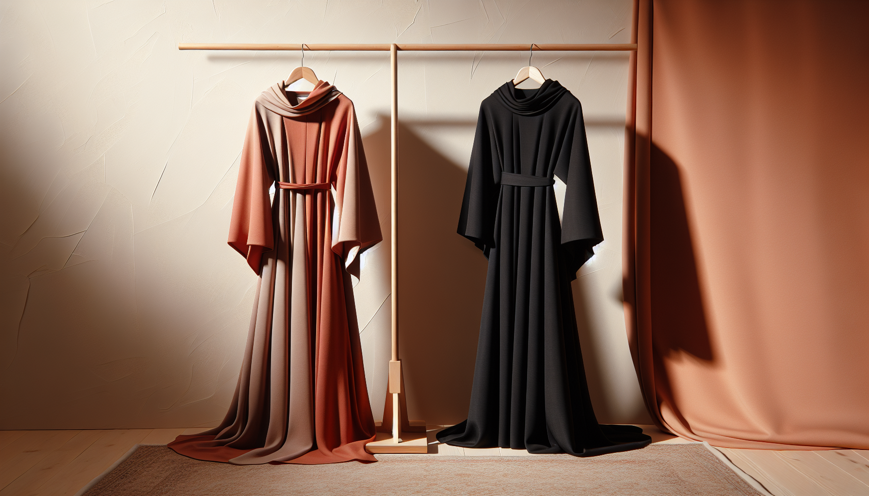 Abaya noire élégante versus abaya couleur terracotta — comparatif mode modeste 2025