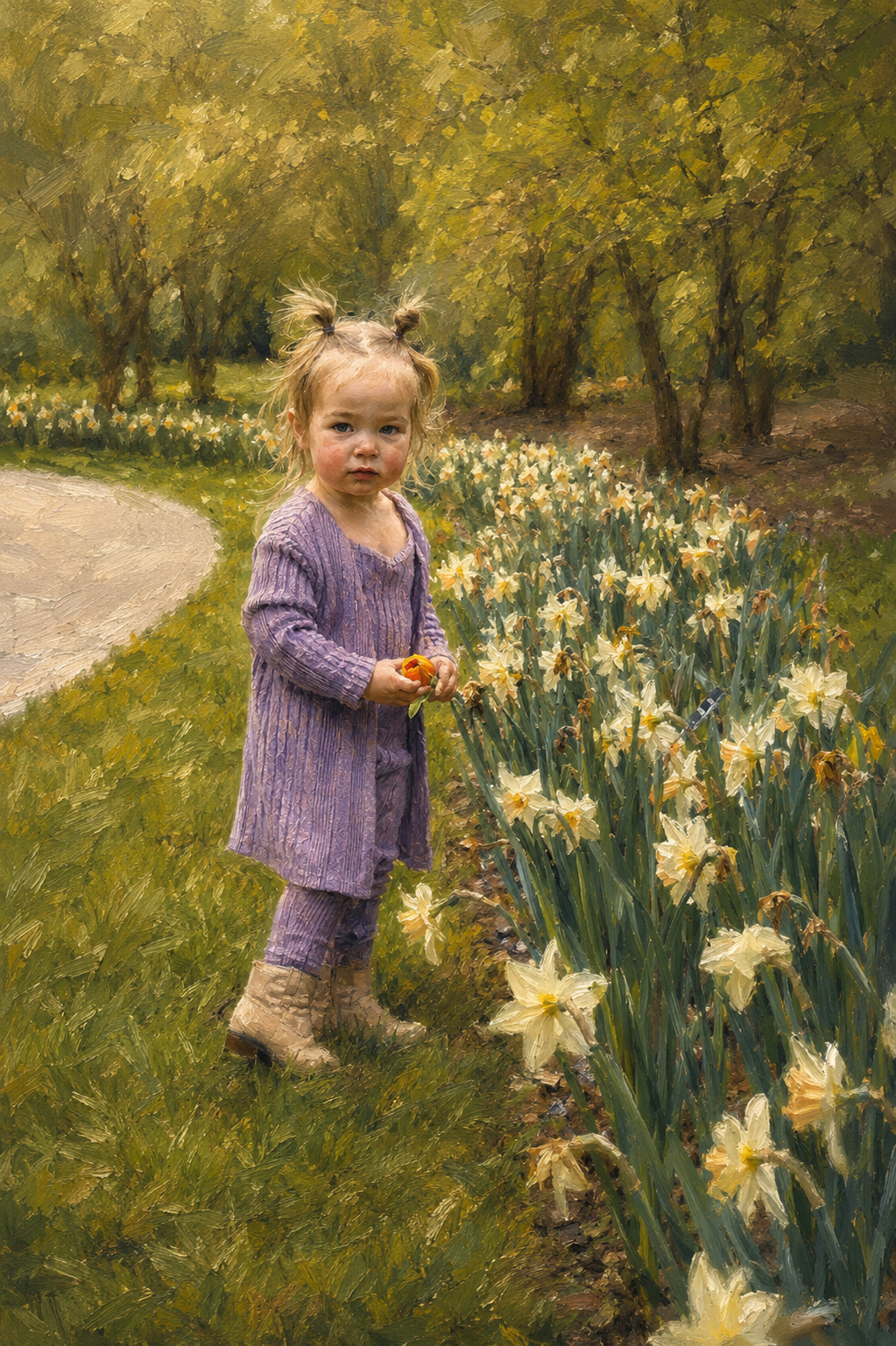 Girl in purple outfit among daffodils — full color painterly field study by Sidewalk Stories Photography
