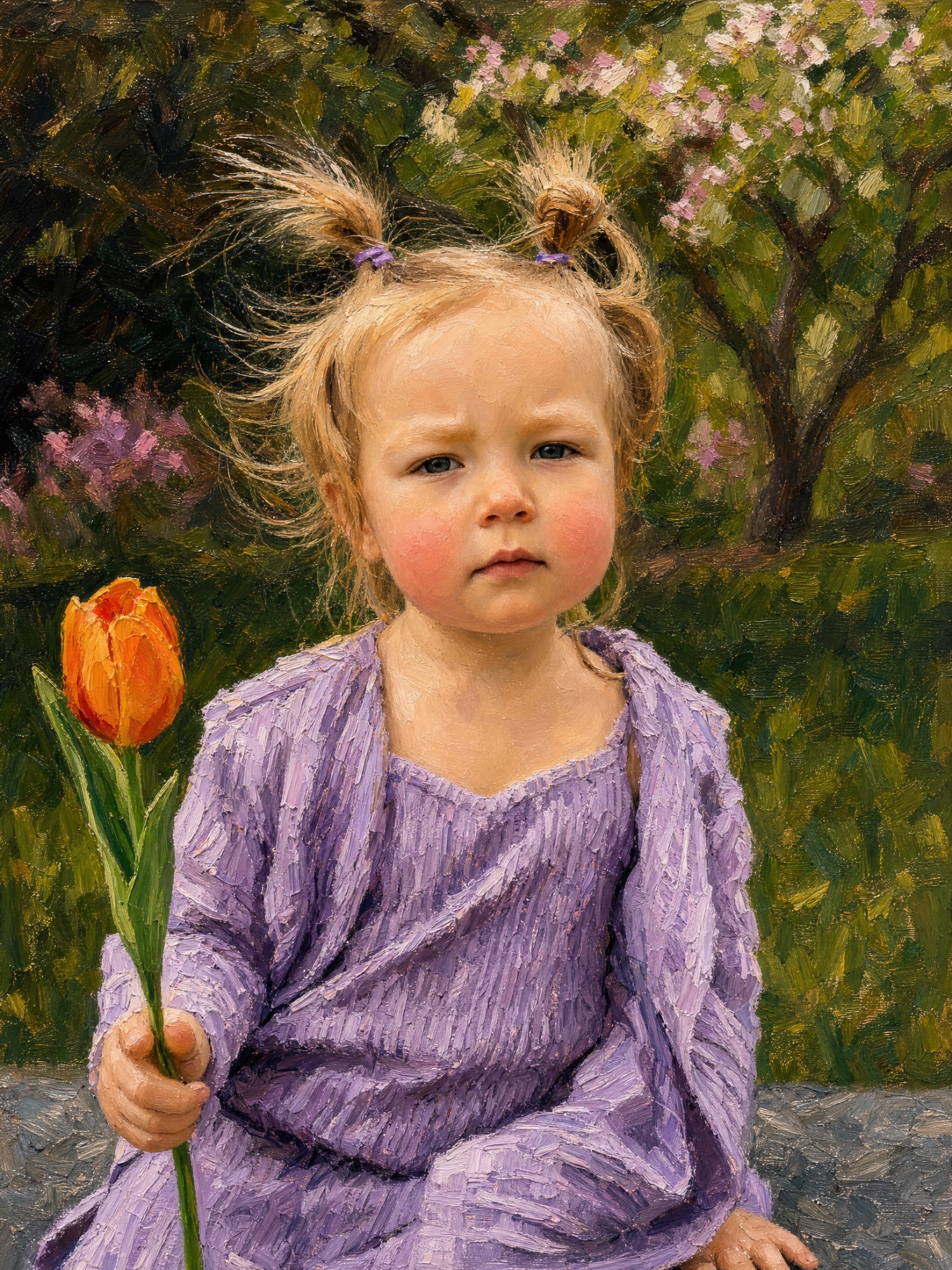 Girl in lavender dress holding an orange tulip — impressionist garden painterly field study by Sidewalk Stories Photography