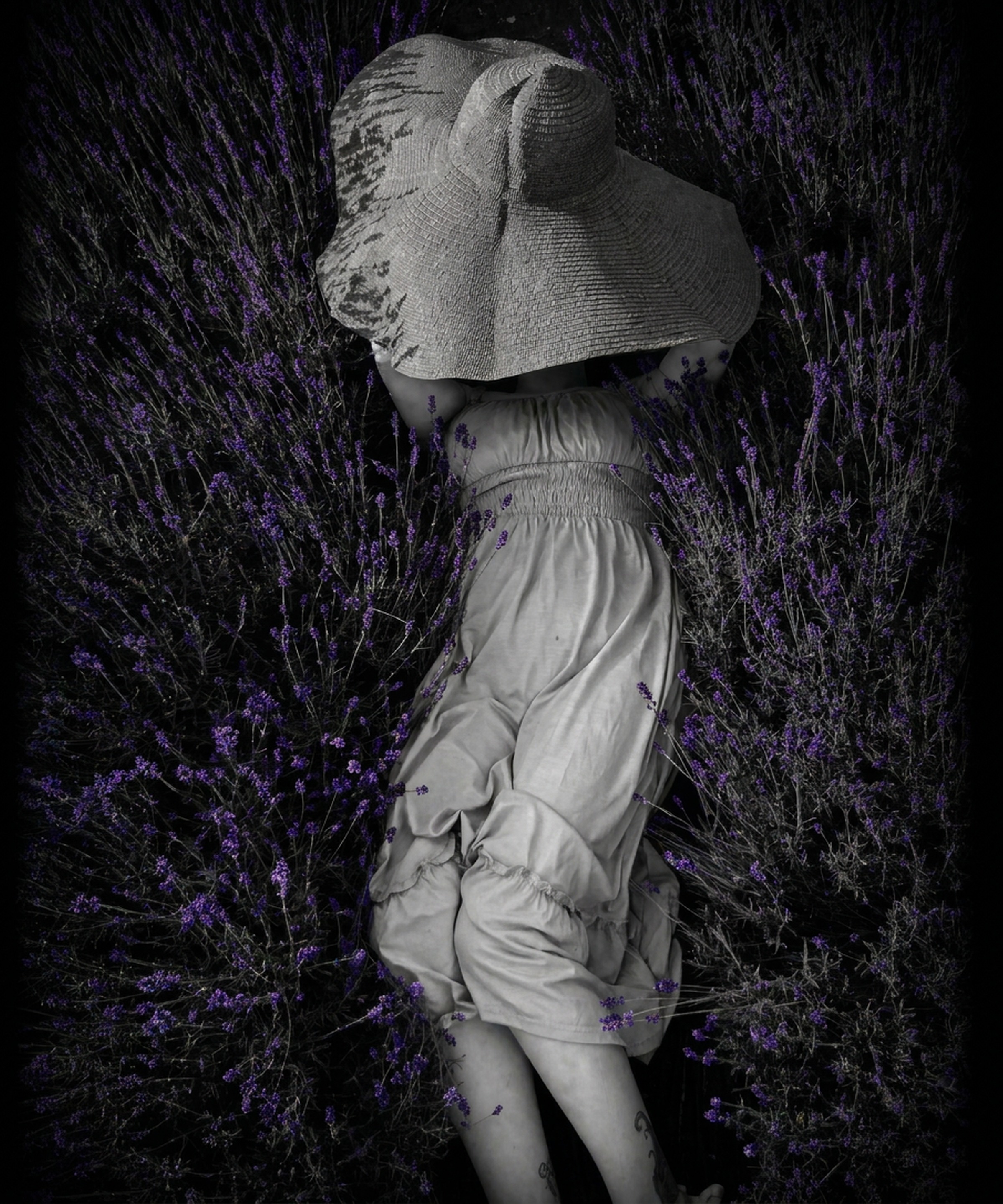 Time caught in the lavender field — woman in white dress, B&W with selective purple lavender accents, fine art photograph by Craig Moyers