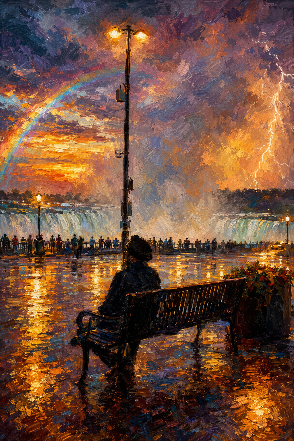 Painterly conversion — dramatic stormy sky with rainbow and lightning, impasto oil painting style