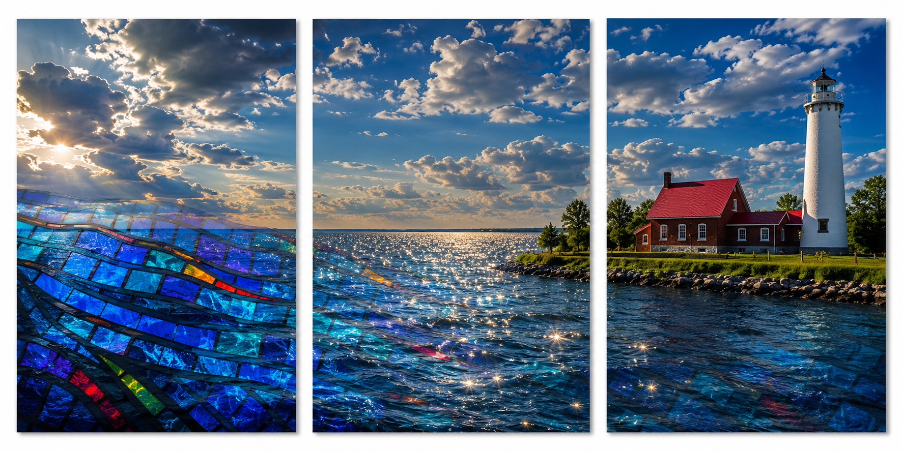 Three-panel commissioned installation — stained glass window, lakeside landscape, lighthouse — First Presbyterian Church, Tawas Michigan