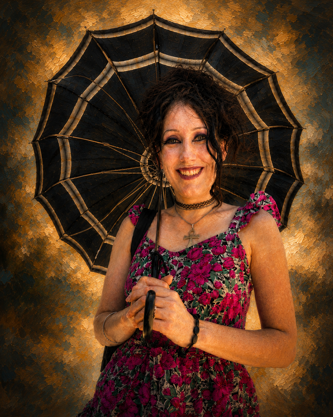 Painterly portrait — woman with umbrella, warm amber and ochre oil-texture painted background, commissioned work by Sidewalk Stories Photography