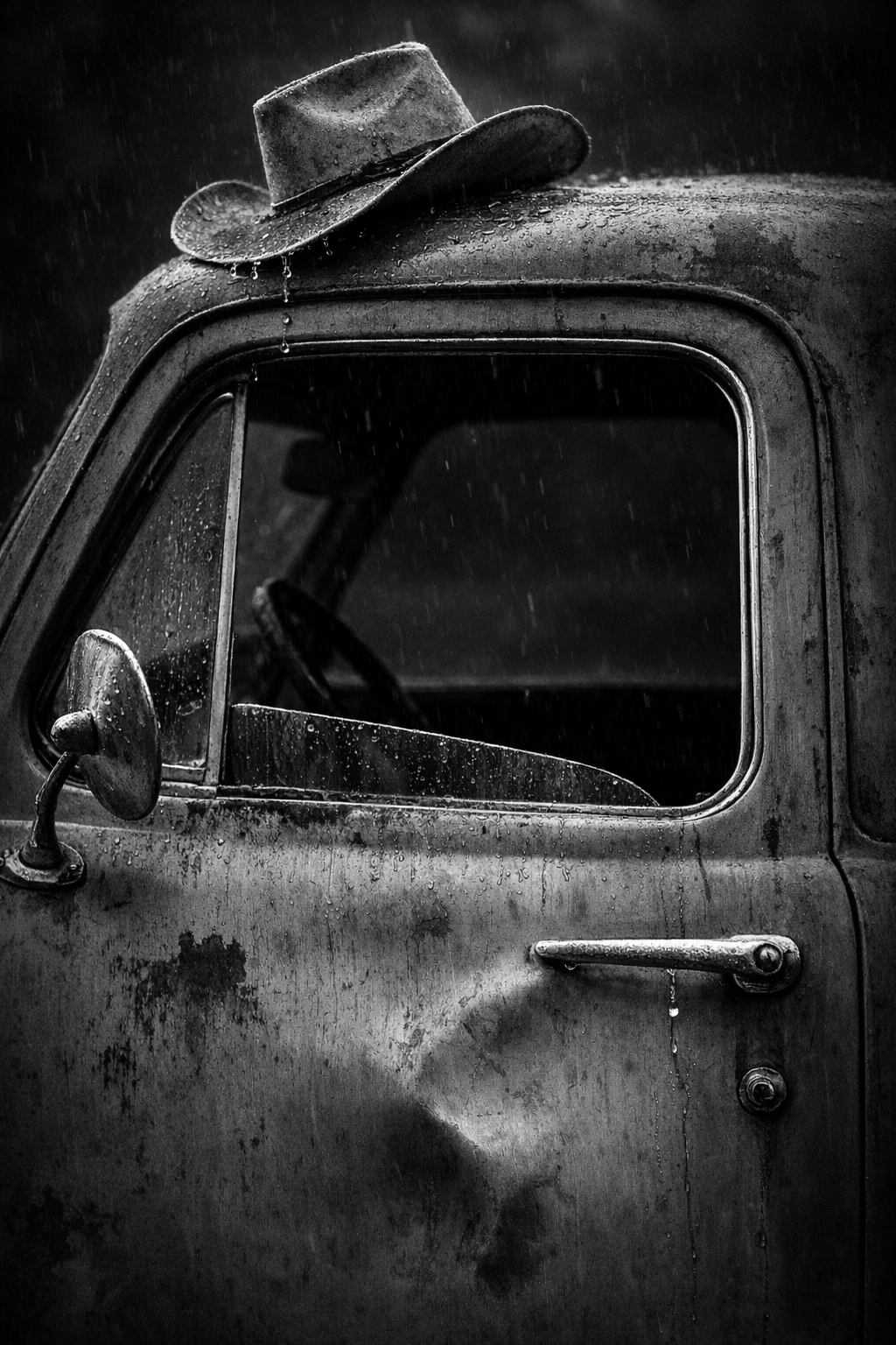 Person in hat beside a weathered rain-soaked vintage truck — hat brim to door handle, water dripping, rust patina, fine art black and white photograph by Craig Moyers