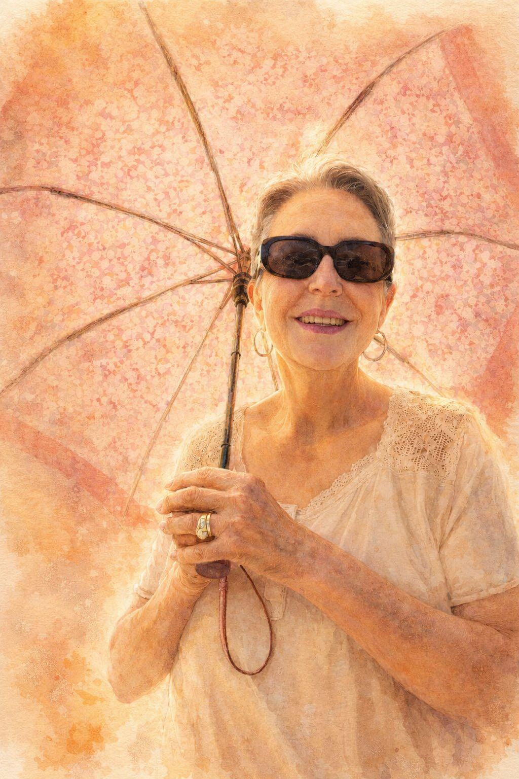 Umbrella lady — warm watercolor and peach tones, Art Fair Midland Michigan