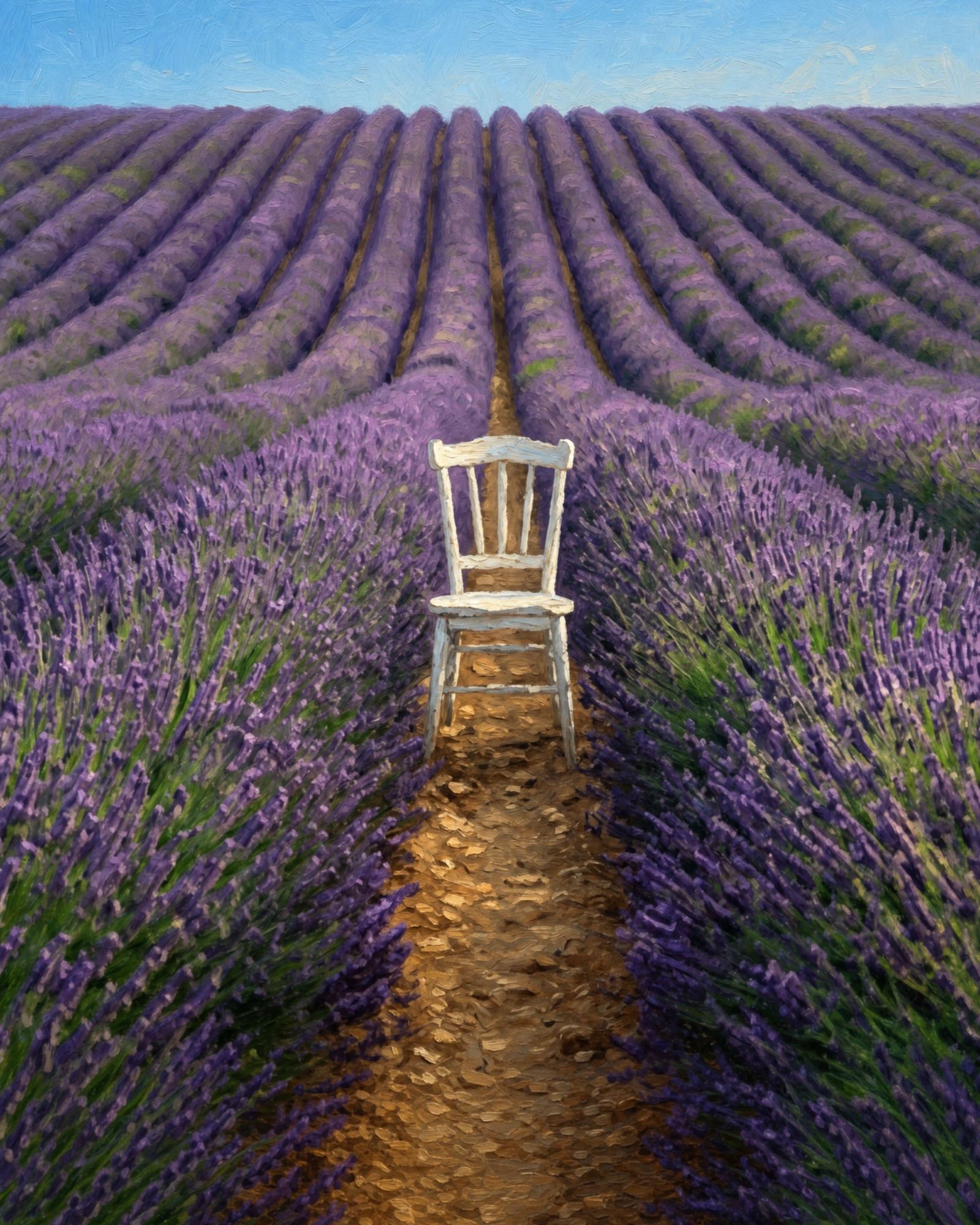 White chair in a lavender field — impressionistic oil-painted environment by Craig Moyers, Sidewalk Stories Photography