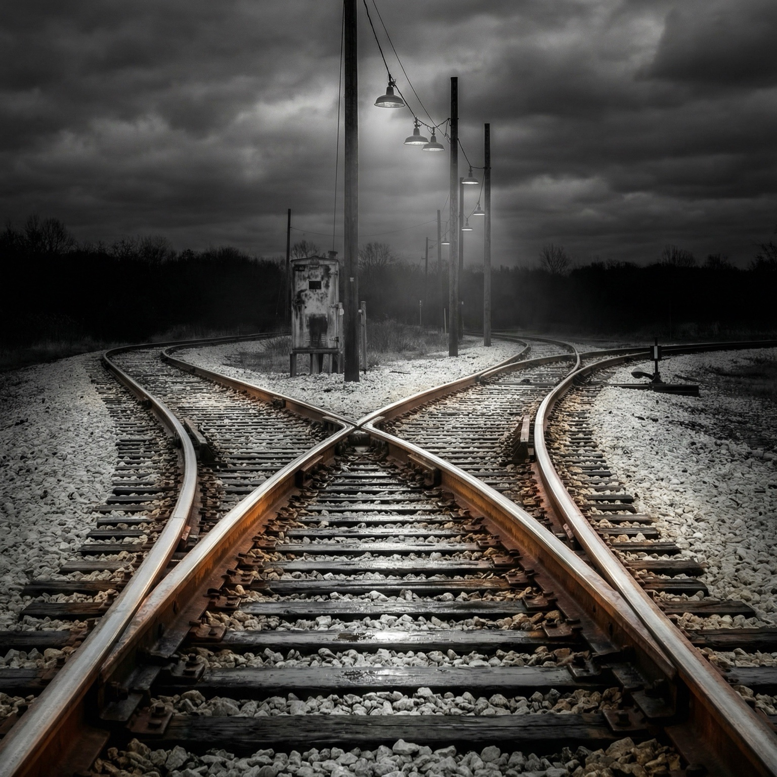 Rail switch point — converging tracks under storm light, fine art black and white photography by Craig Moyers, Saginaw Michigan photographer