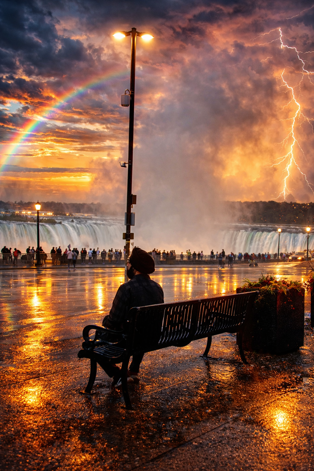 Original photograph — man on bench at Niagara Falls at dusk
