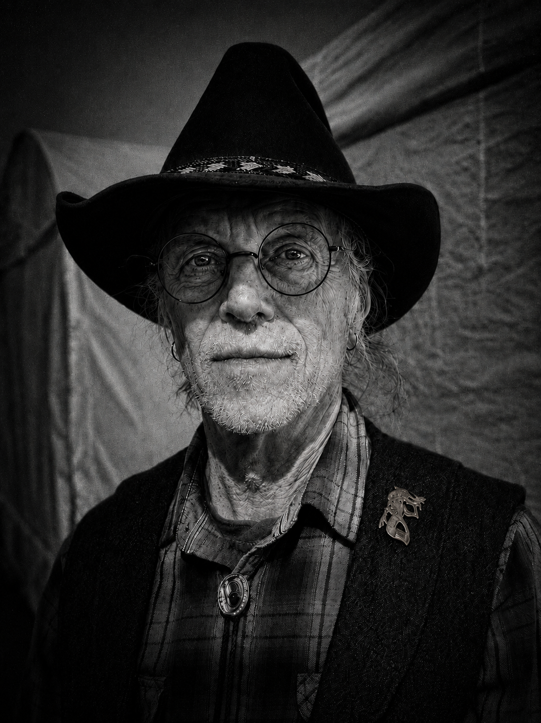 Cowboy portrait — older man with round glasses, cowboy hat, Art Fair Midland Michigan