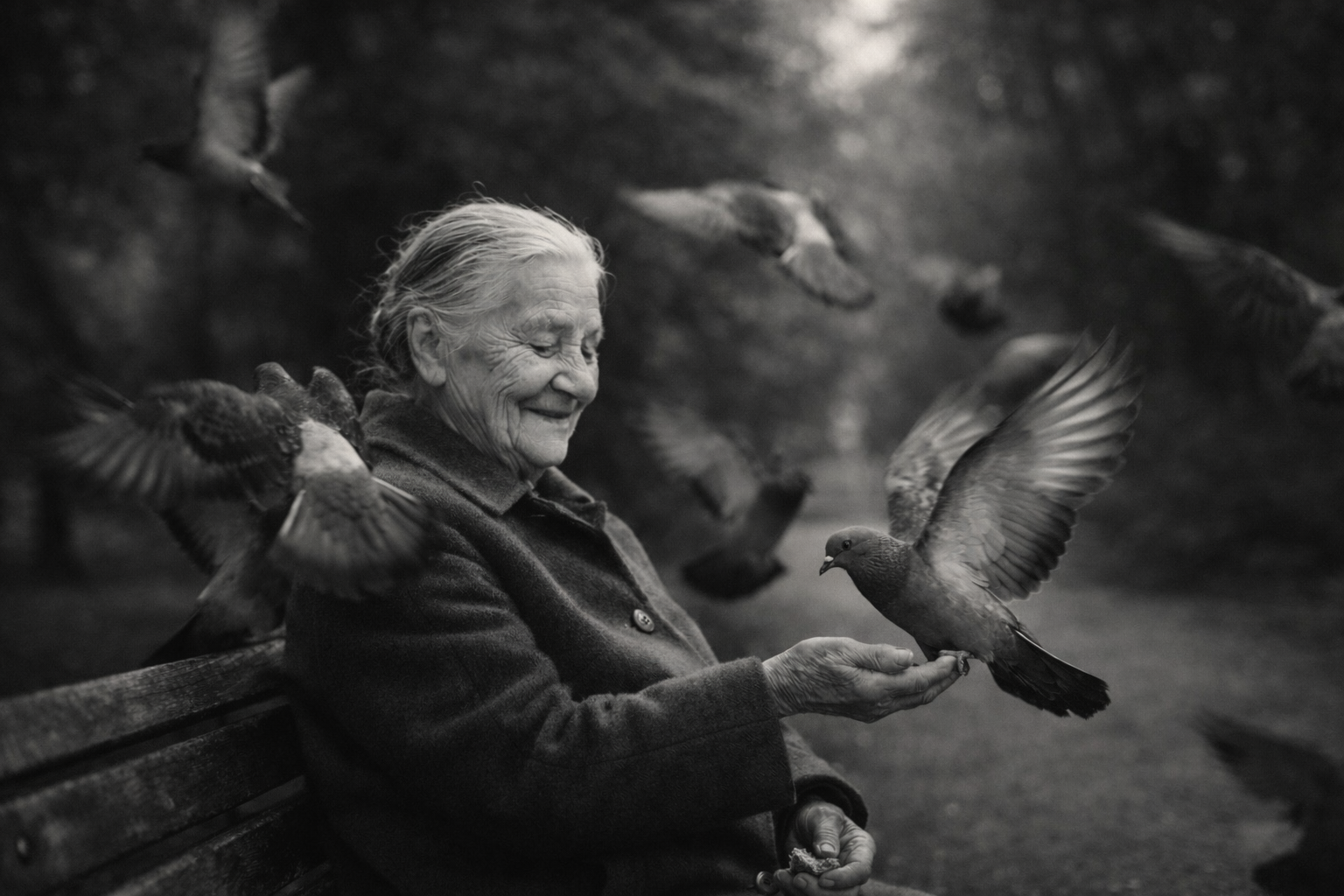 Life Among Friends — elderly woman on a park bench smiling, feeding pigeons that land on her outstretched hand, beautiful bokeh, fine art black and white portrait by Craig Moyers