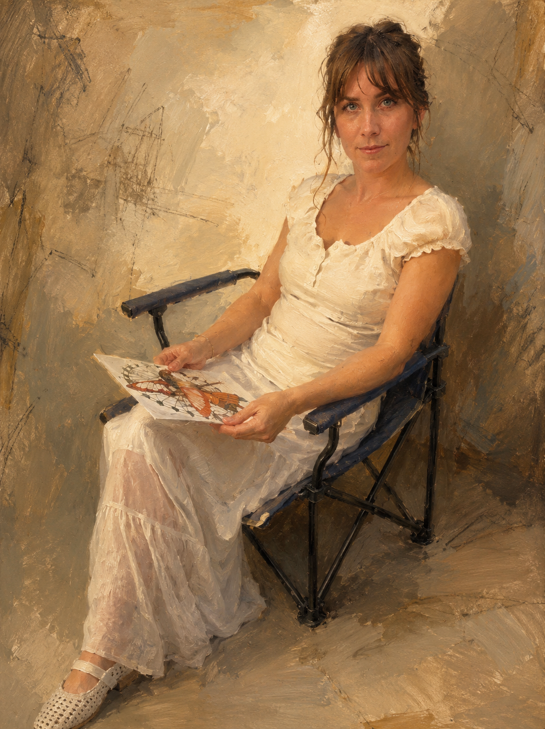 Legacy portrait — oil-painting-style portrait of a woman in a white dress on a director's chair, holding a butterfly drawing