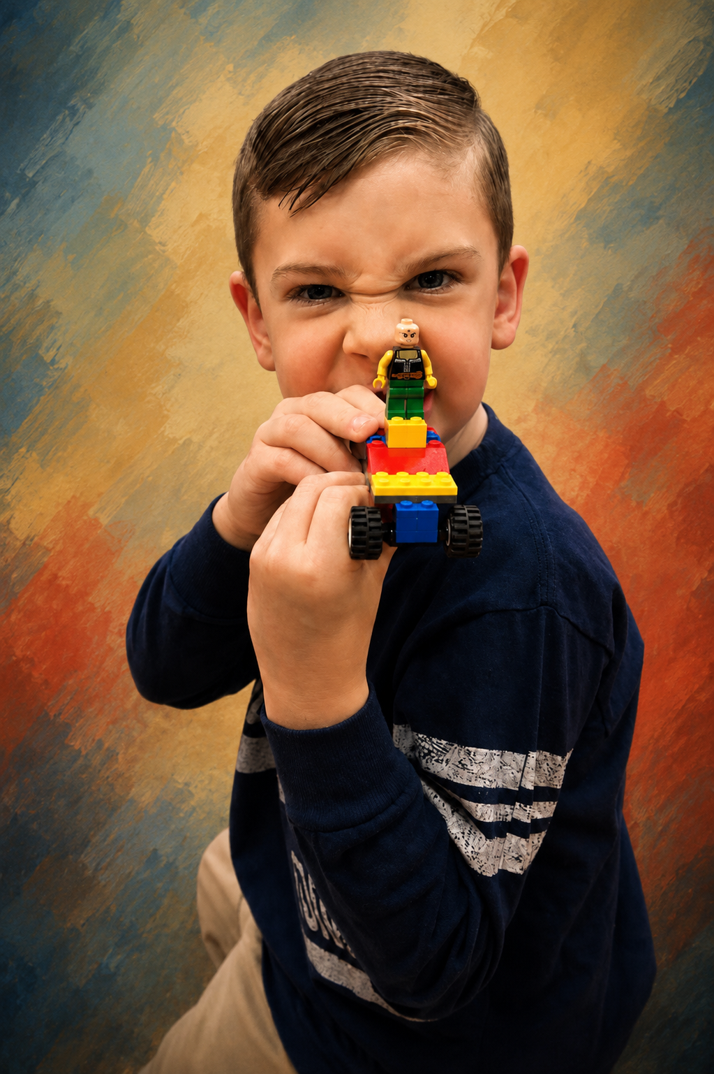 A young boy in a navy sweater holding up a colorful building block creation with a minifigure on top — a candid moment of childhood absorbed in building something he was proud of