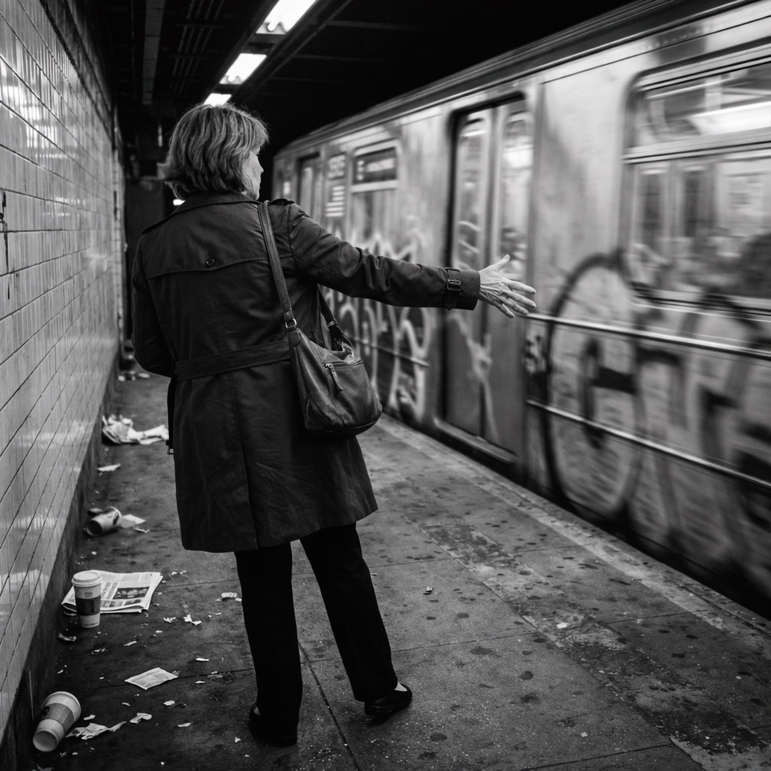 Subway woman reaching toward passing train — graffiti and motion blur, street photography by Craig Moyers
