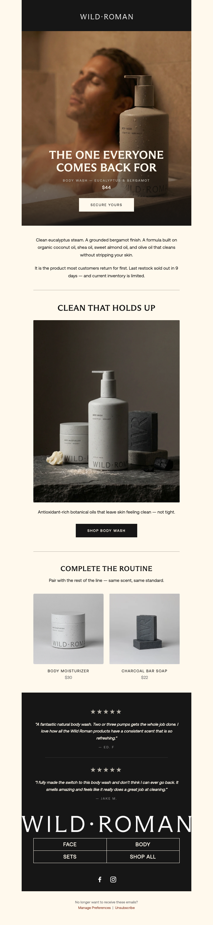 Wild Roman low-stock replenishment email — skincare and grooming DTC brand