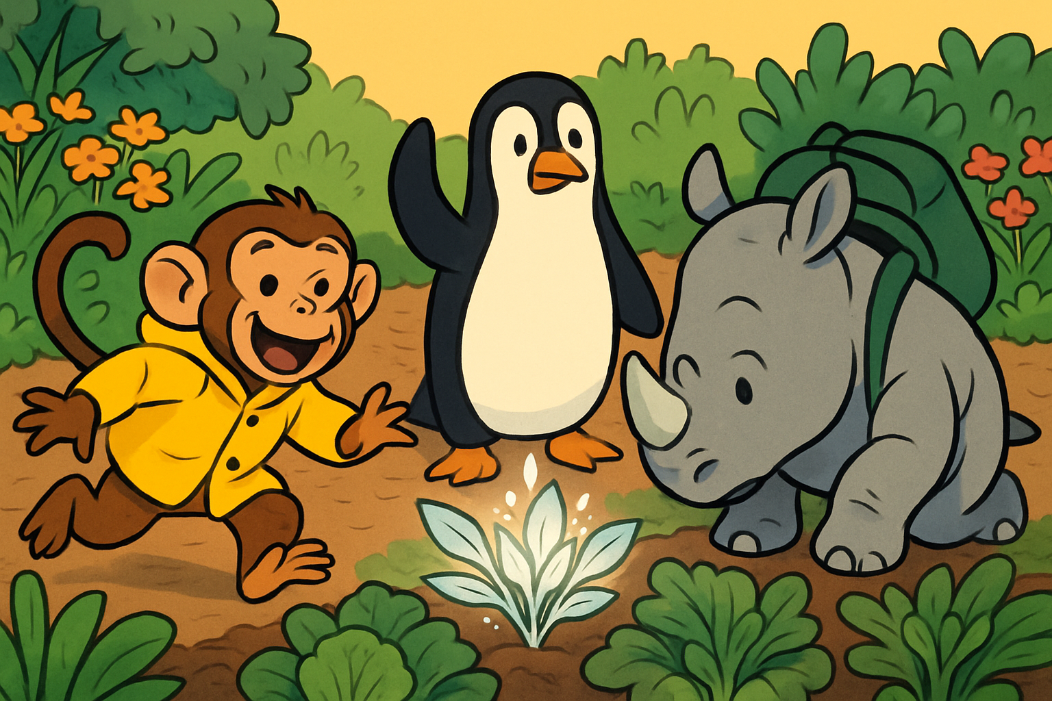 Pointy, Zip and Frost stand around a transparent test tube setup in the rainforest. A plant in water with a glass bubble over it. Tiny bubbles float up from the plant leaves underwater. Zip points at the bubbles with excitement. Frost takes careful notes. Pointy sniffs the air near the plant.