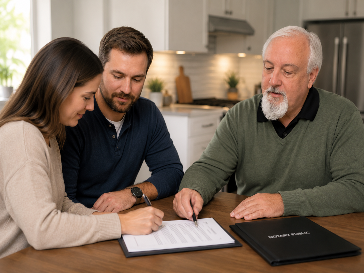 Couple signing loan documents at kitchen table — Straub Document Group