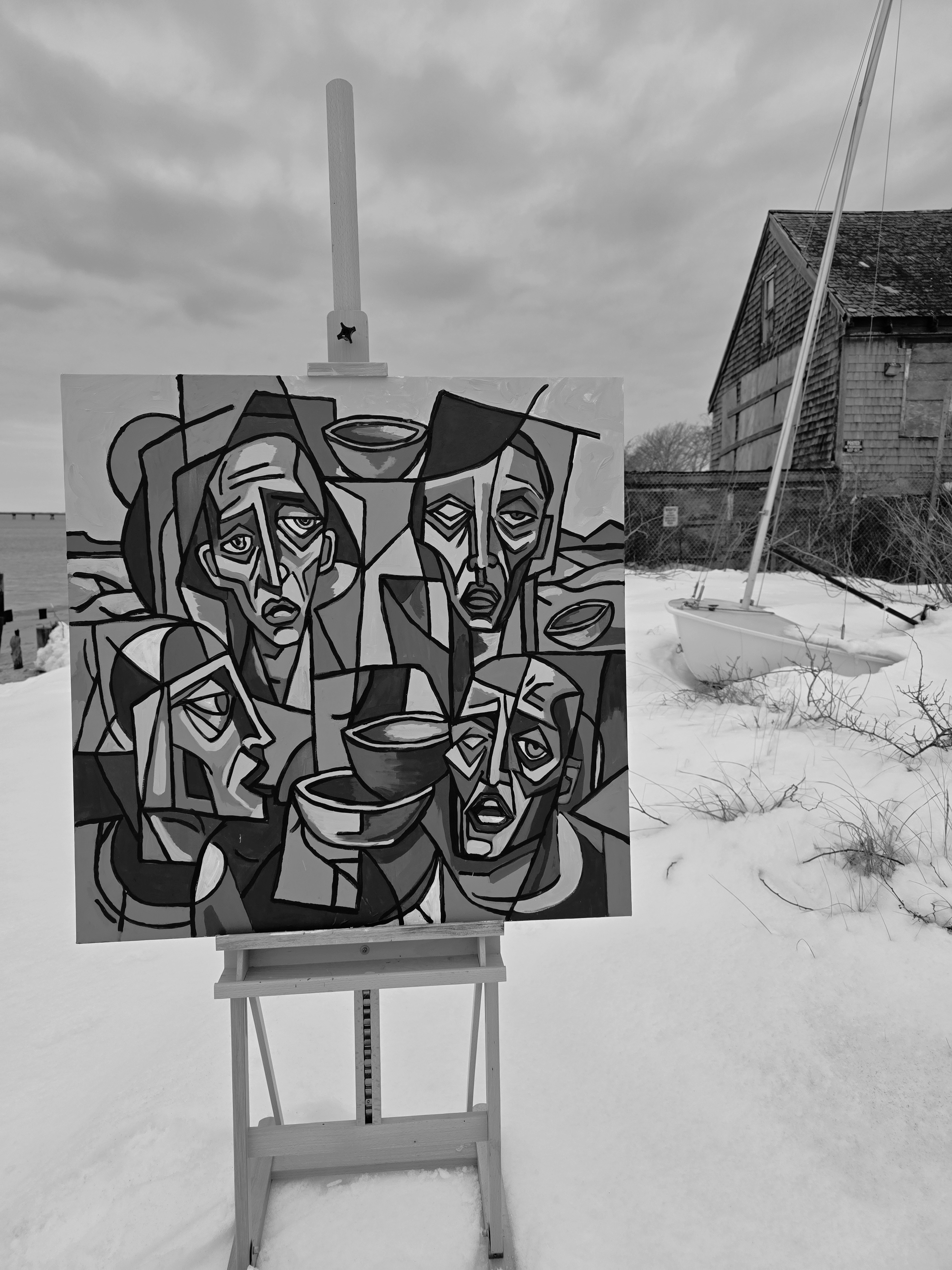 Snow-covered waterfront in Provincetown — where these paintings were made