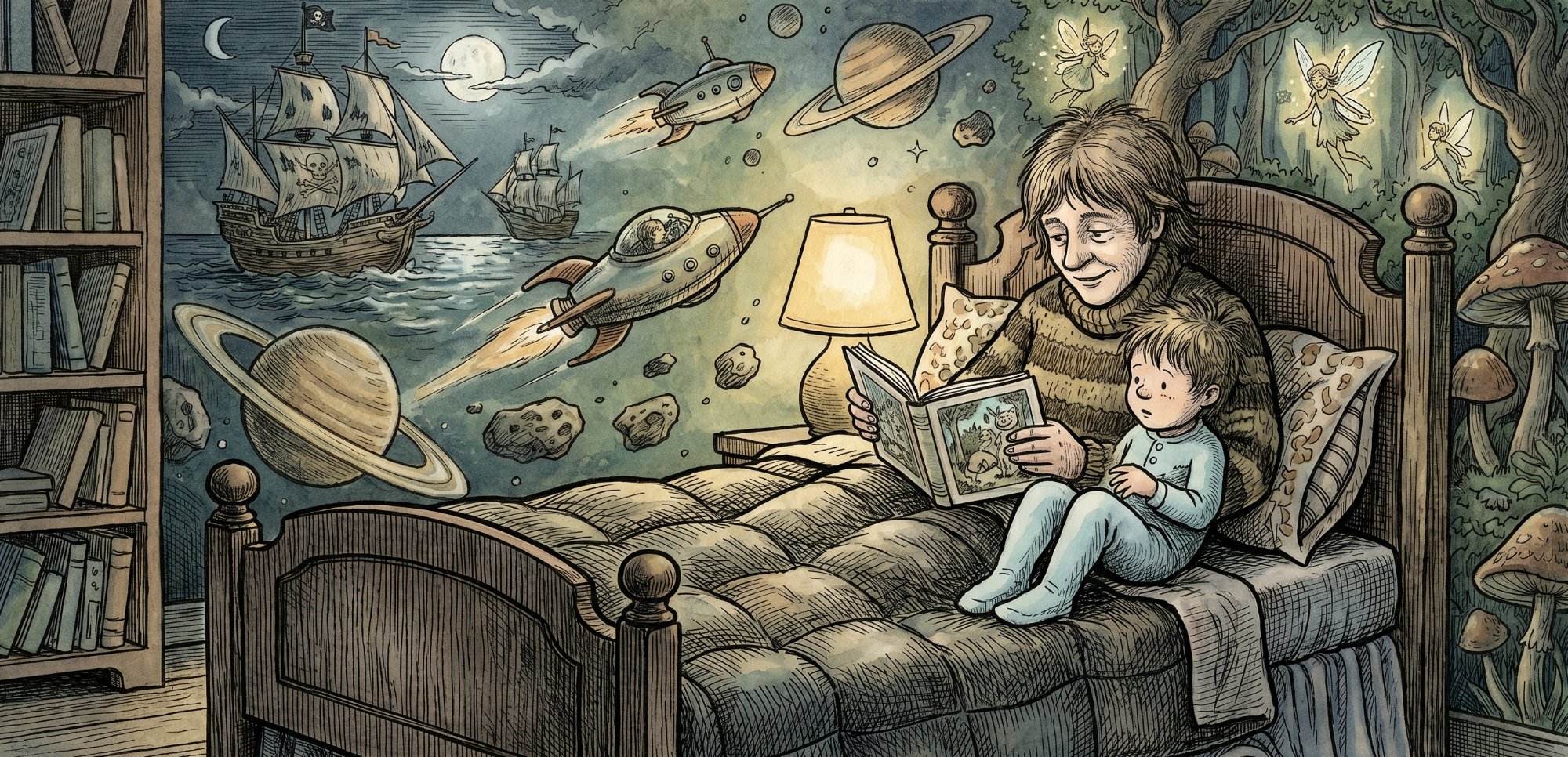 A watercolor illustration of a cozy night-time scene — the kind of world Flickwick builds, one chapter at a time