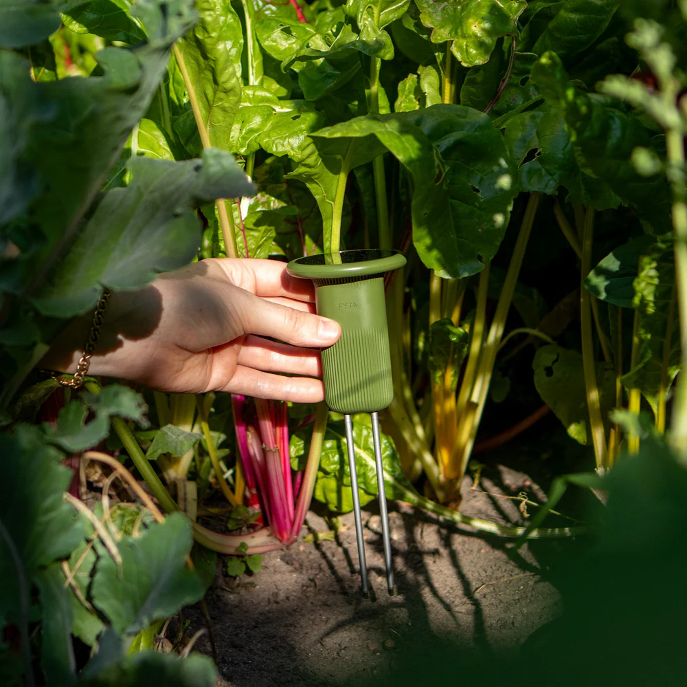 SoilRX sensor probe being placed in garden bed — monitor soil health in real time