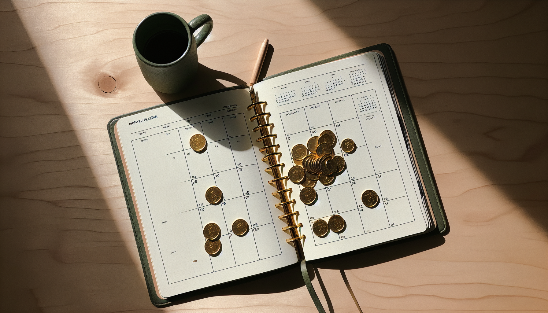 Monthly savings calendar with coins marking contribution dates