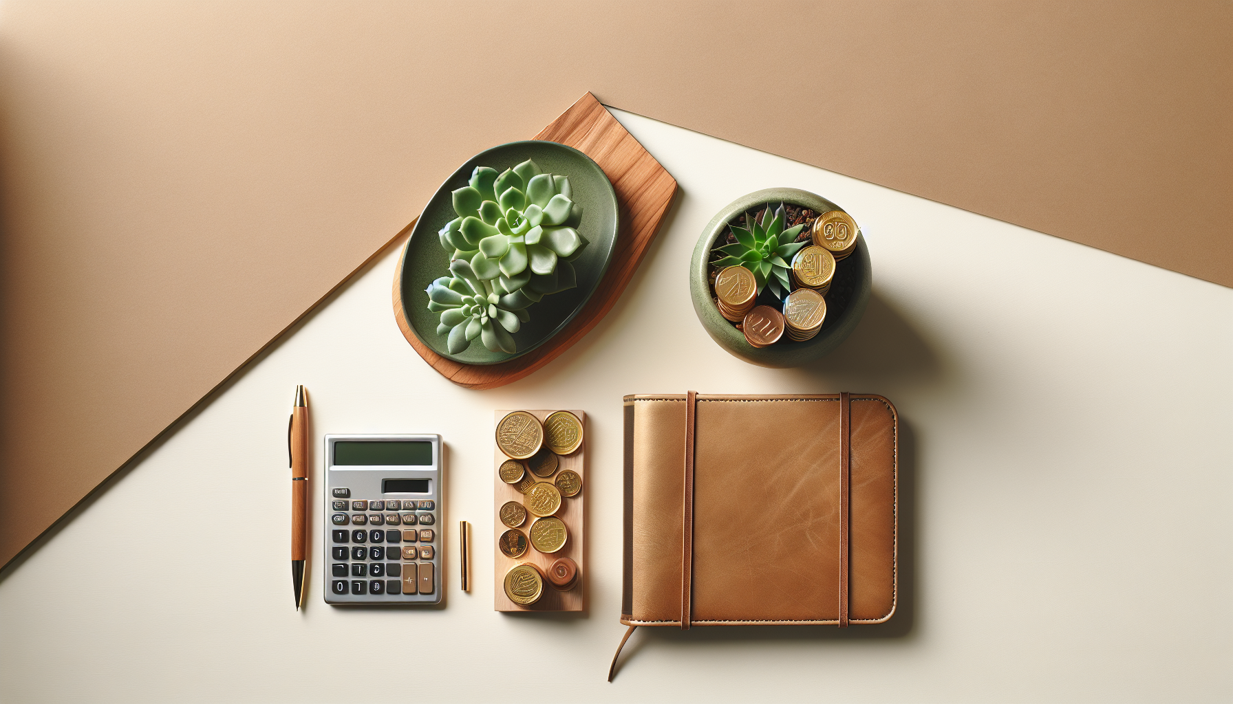 Financial planning desk flat-lay with calculator and savings