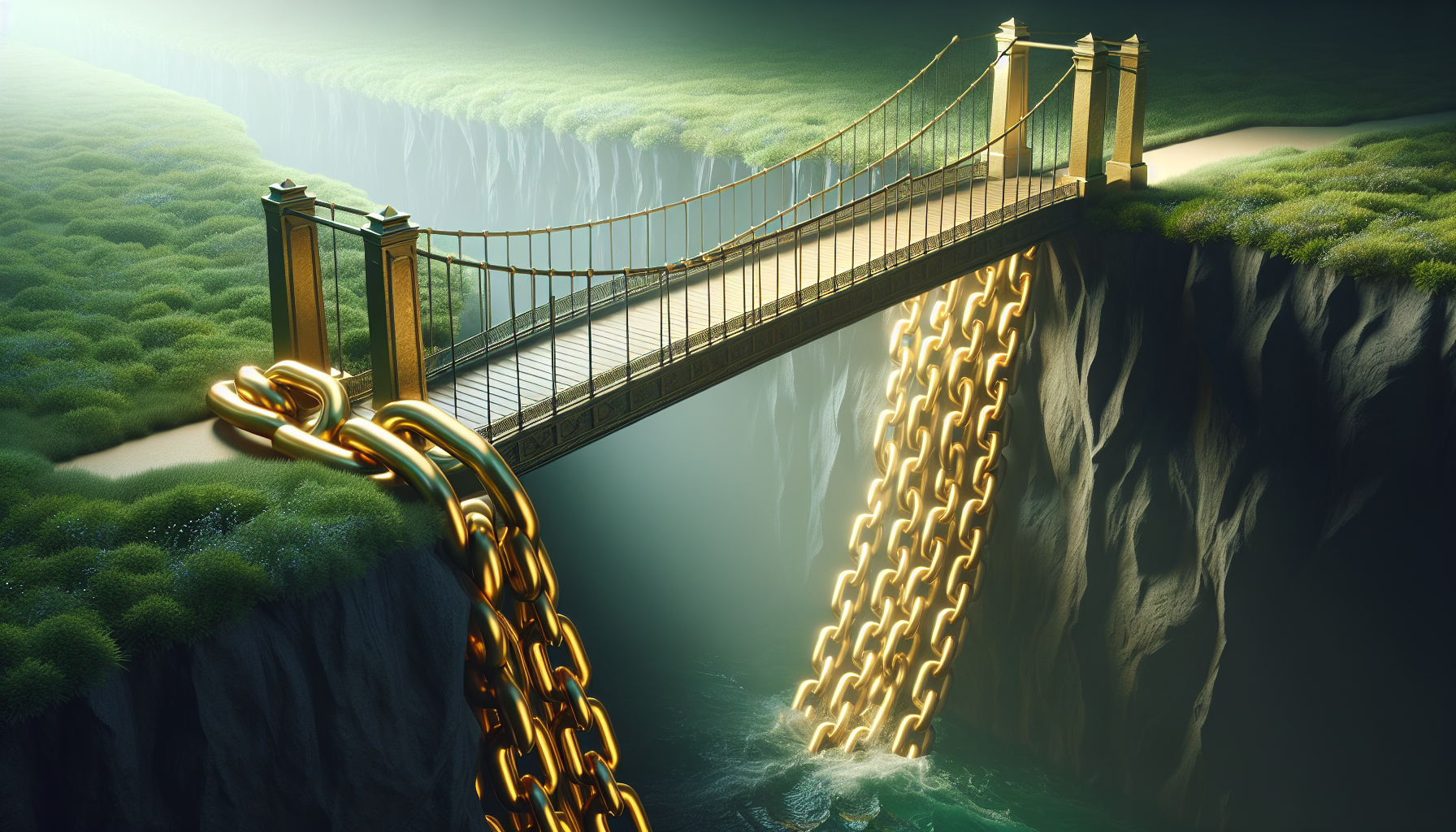 Golden bridge over chasm representing balance transfer from debt to freedom
