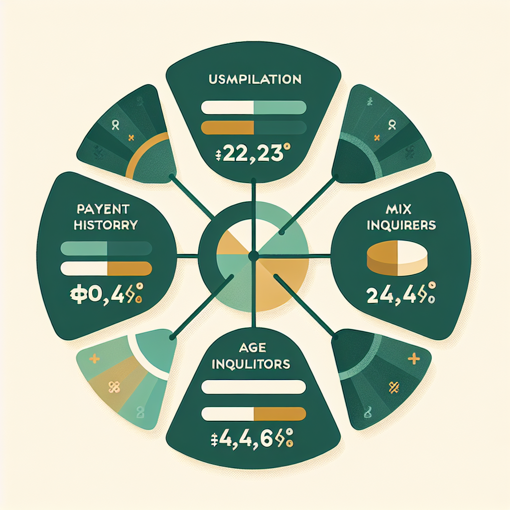 Five credit score factors shown as weighted pie segments