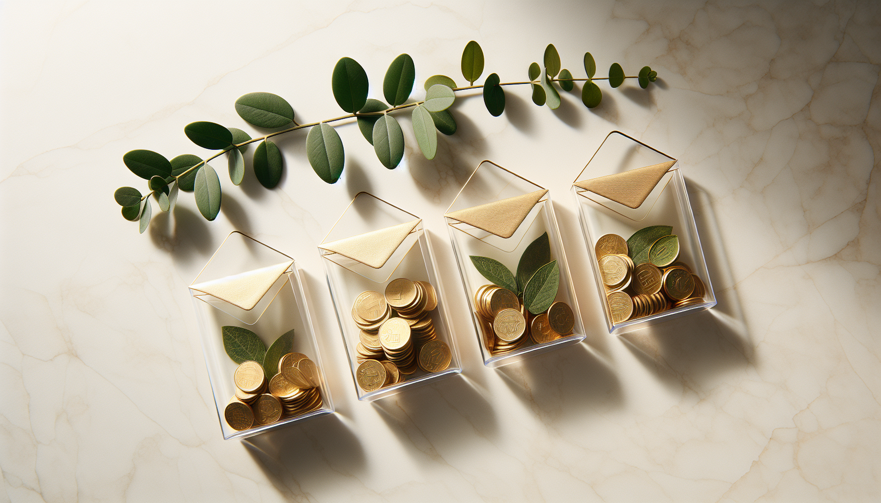 Glass envelope budgeting system with categorized coins