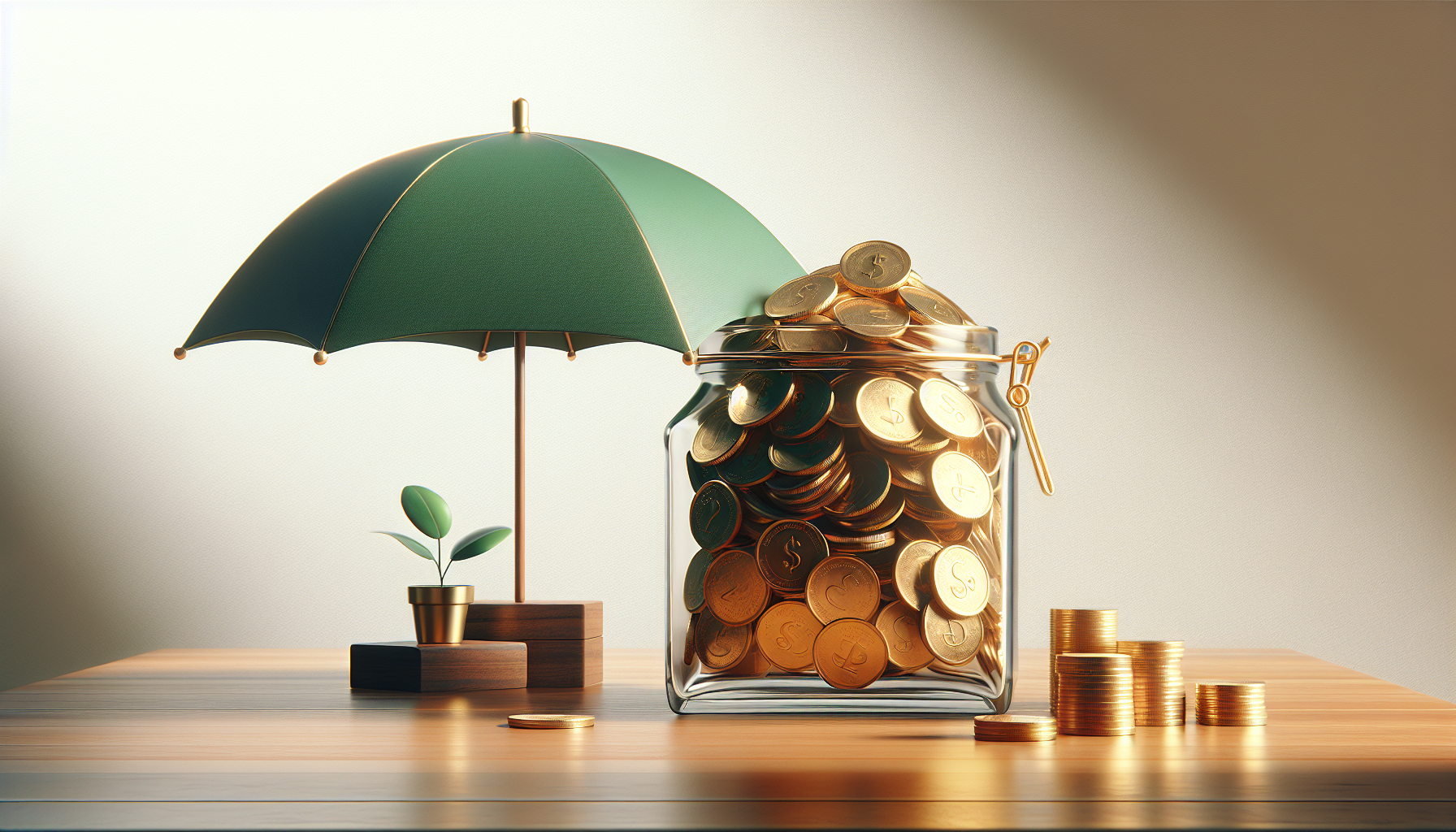 Emergency fund savings jar with protective umbrella on desk