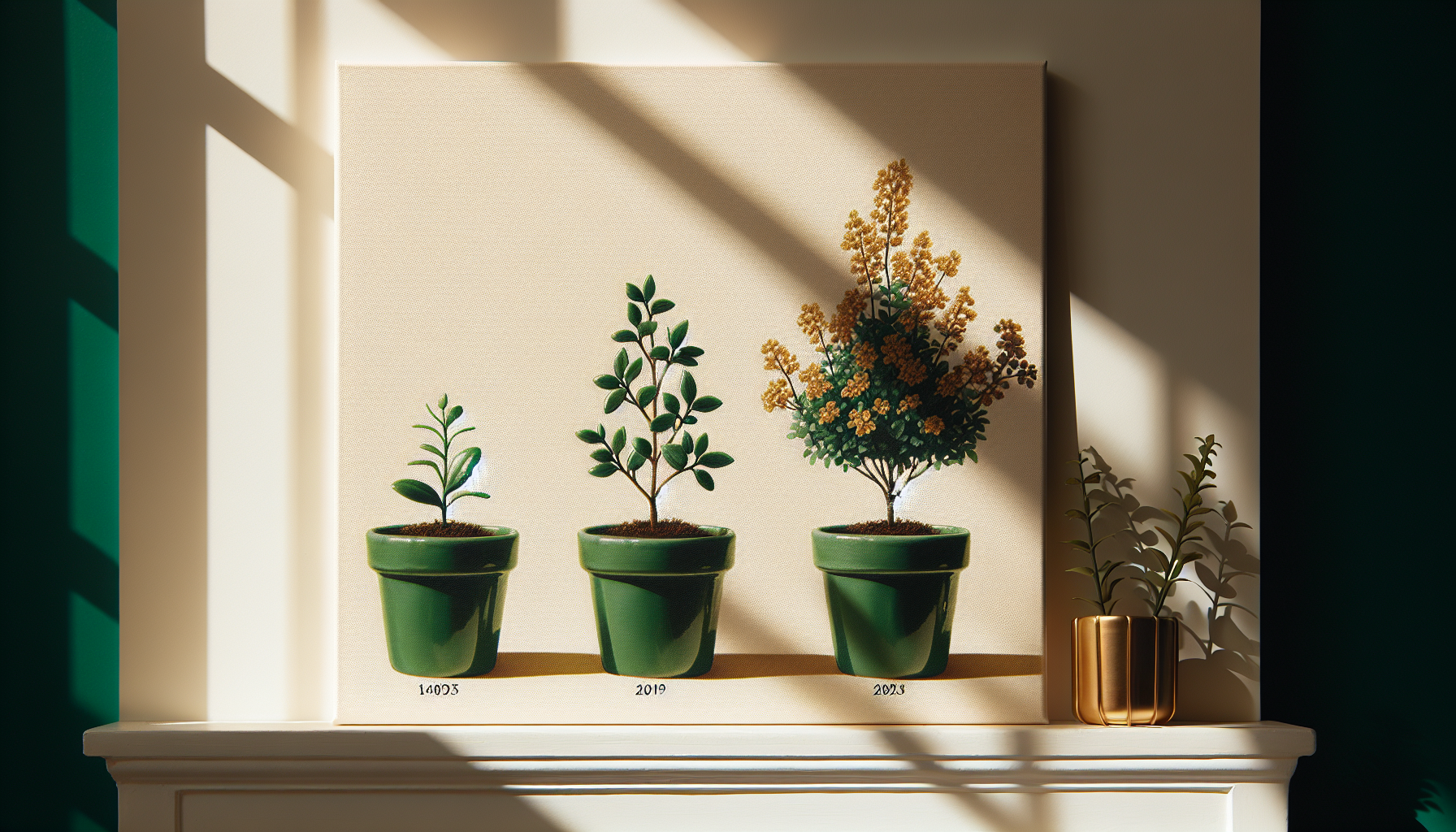 Three plants at different growth stages representing compound interest over time