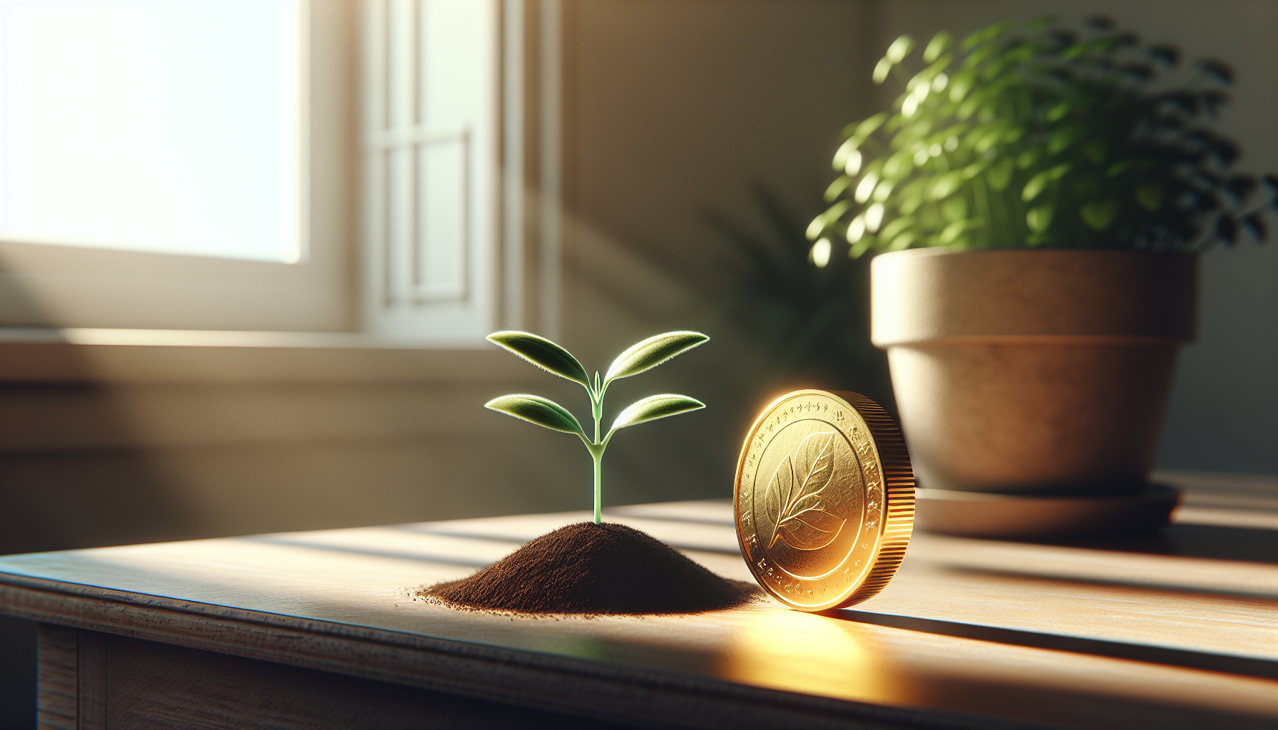 Gold coin next to small seedling representing the start of investing