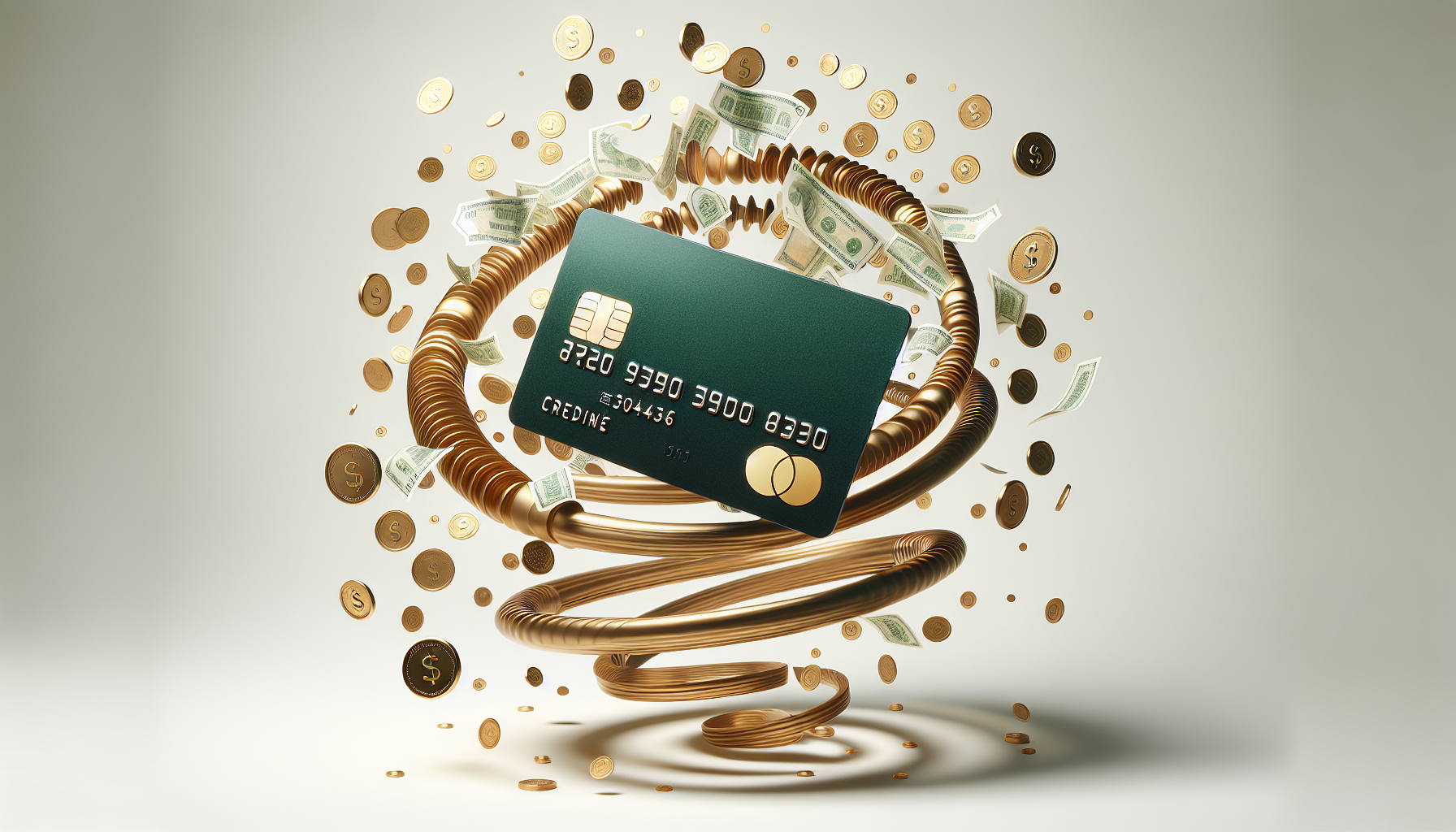 Credit card with cash back rewards swirling around it