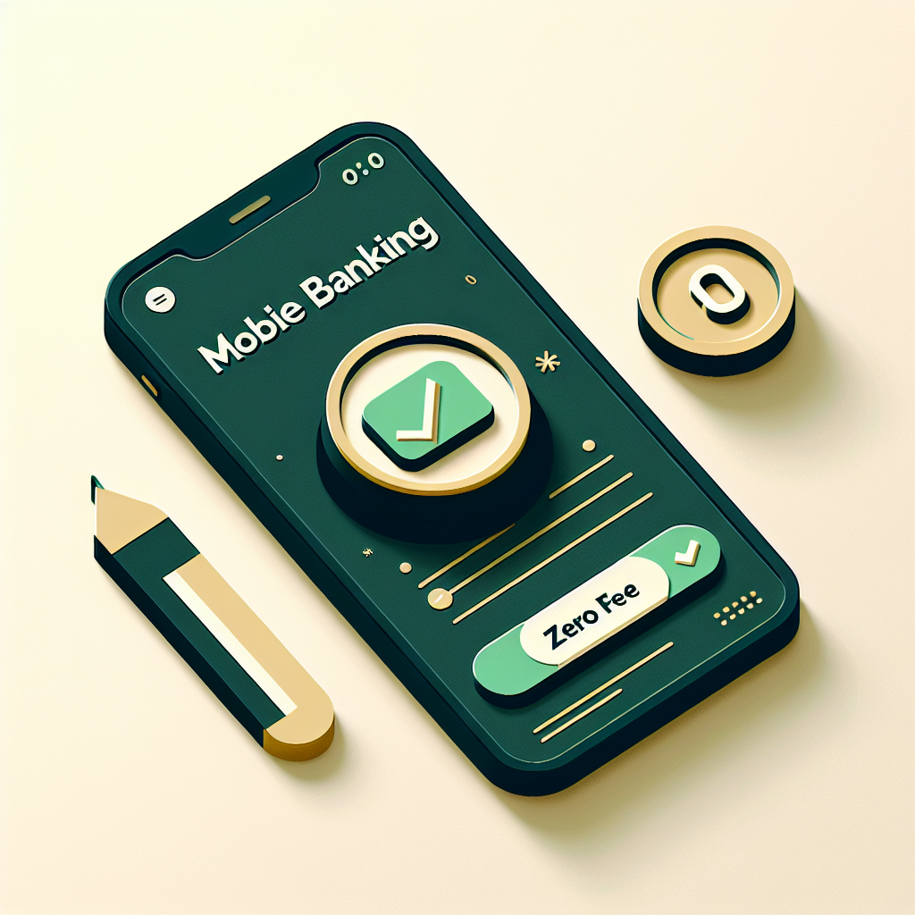 Mobile banking app with zero fee badge illustration