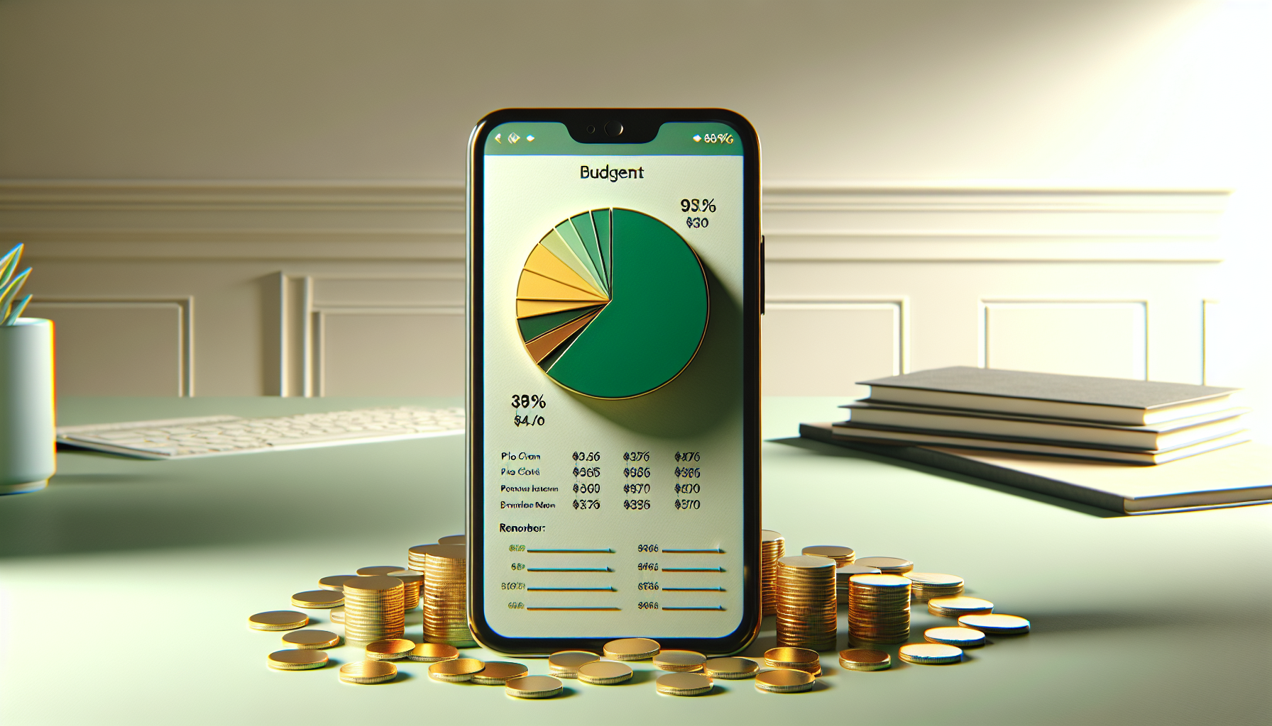 Smartphone budgeting app with spending category pie chart