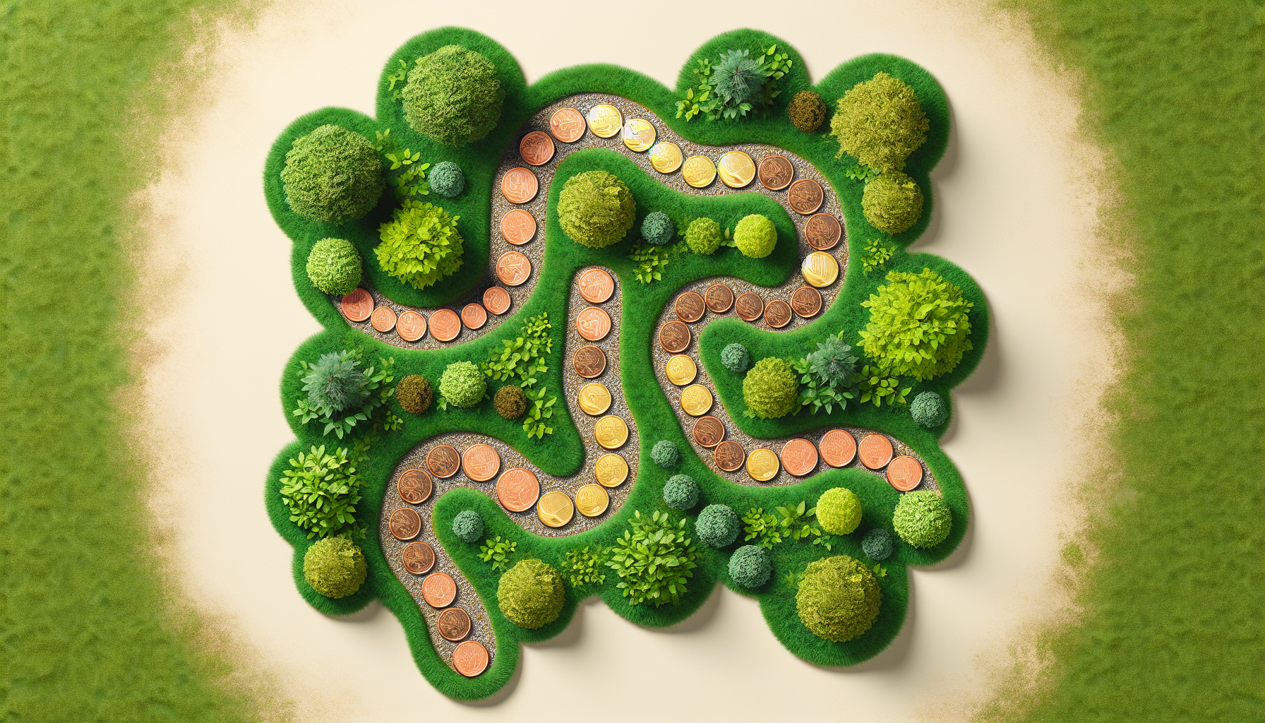 Garden path of growing coins representing retirement growth