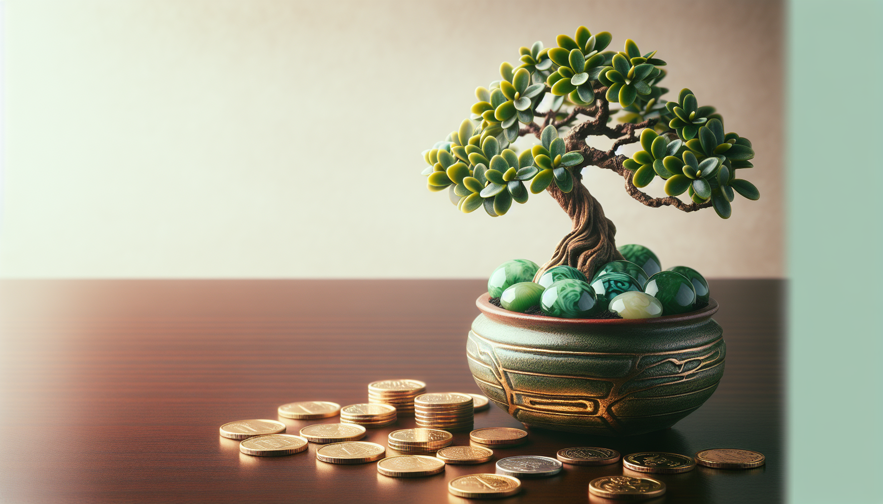 Bonsai money tree with gold and jade leaves representing wealth growth