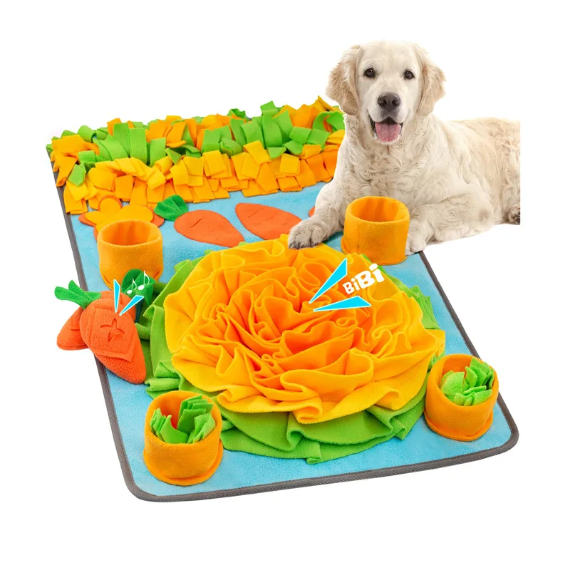 Happy dog using snuffle mat enrichment toy to find treats