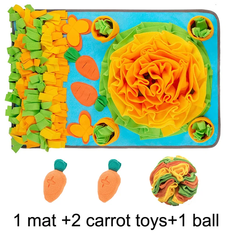 Happy dog using snuffle mat enrichment toy to find treats