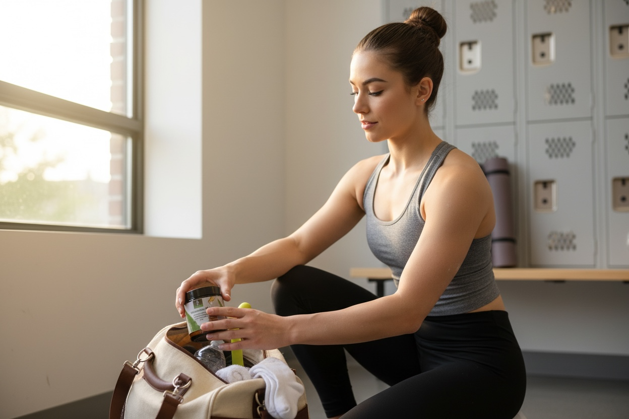 Purely Essential Magnesium Rub being packed into a gym bag — post-workout muscle recovery essential