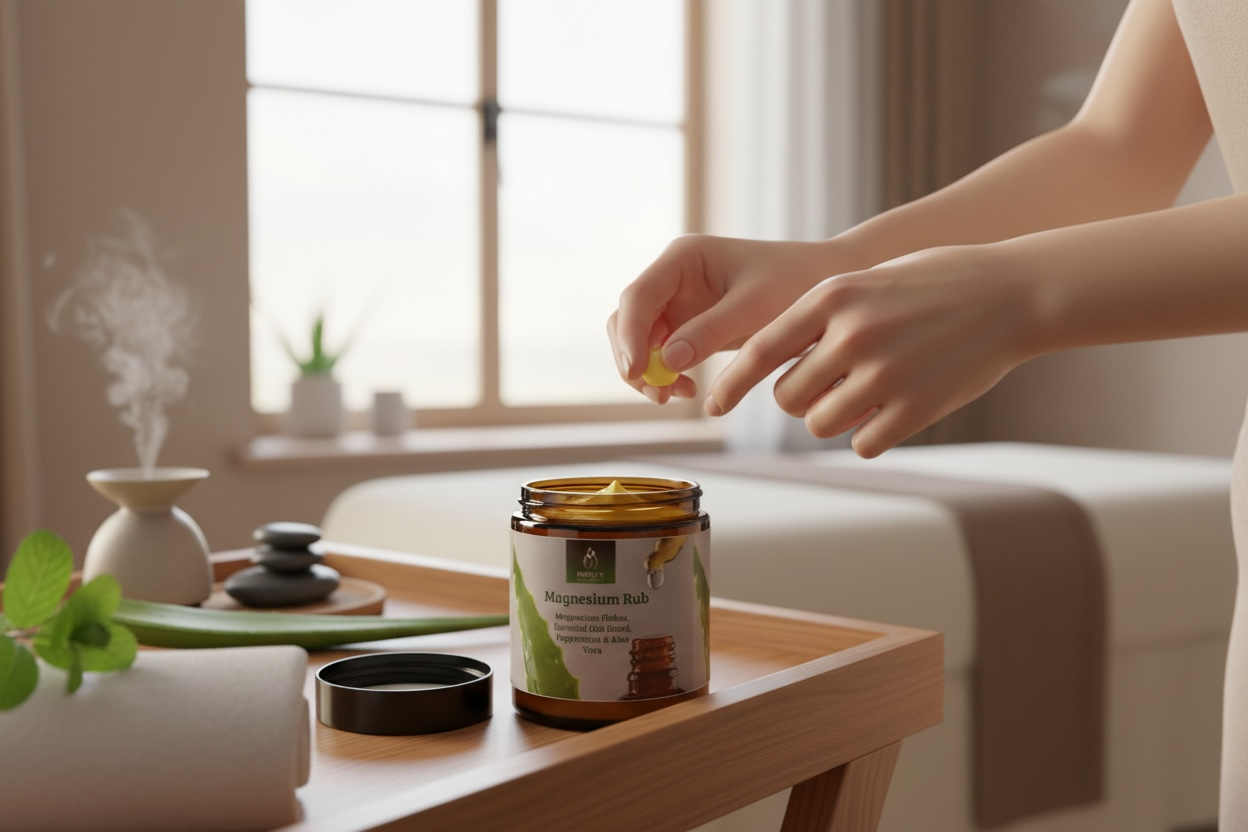 Purely Essential Magnesium Rub jar on a spa table — peppermint and ginger essential oils with magnesium for muscle recovery