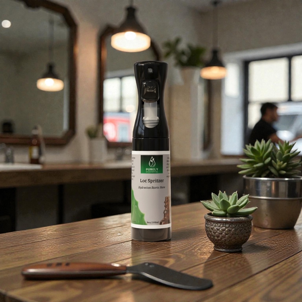 Purely Essential Loc Spritzer — side angle showing bottle detail
